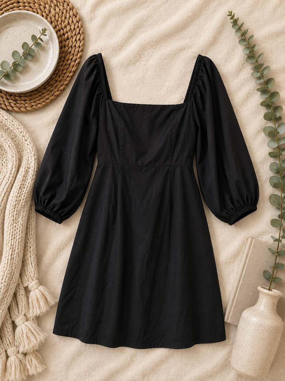 Pomander Place Chloe Puff Sleeve Mini Dress Black Square Neck Coquette SZ S